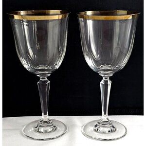 Crown Crystal Cape Cod Gold Rim Goblets 7.5" optic 24% leaded glasses 1970s 2pc